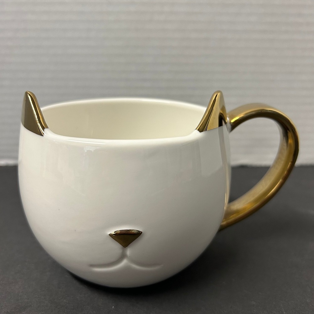 Pinky Up Cat Mug White Gold Feline Good Ceramic Coffee Tea Cup